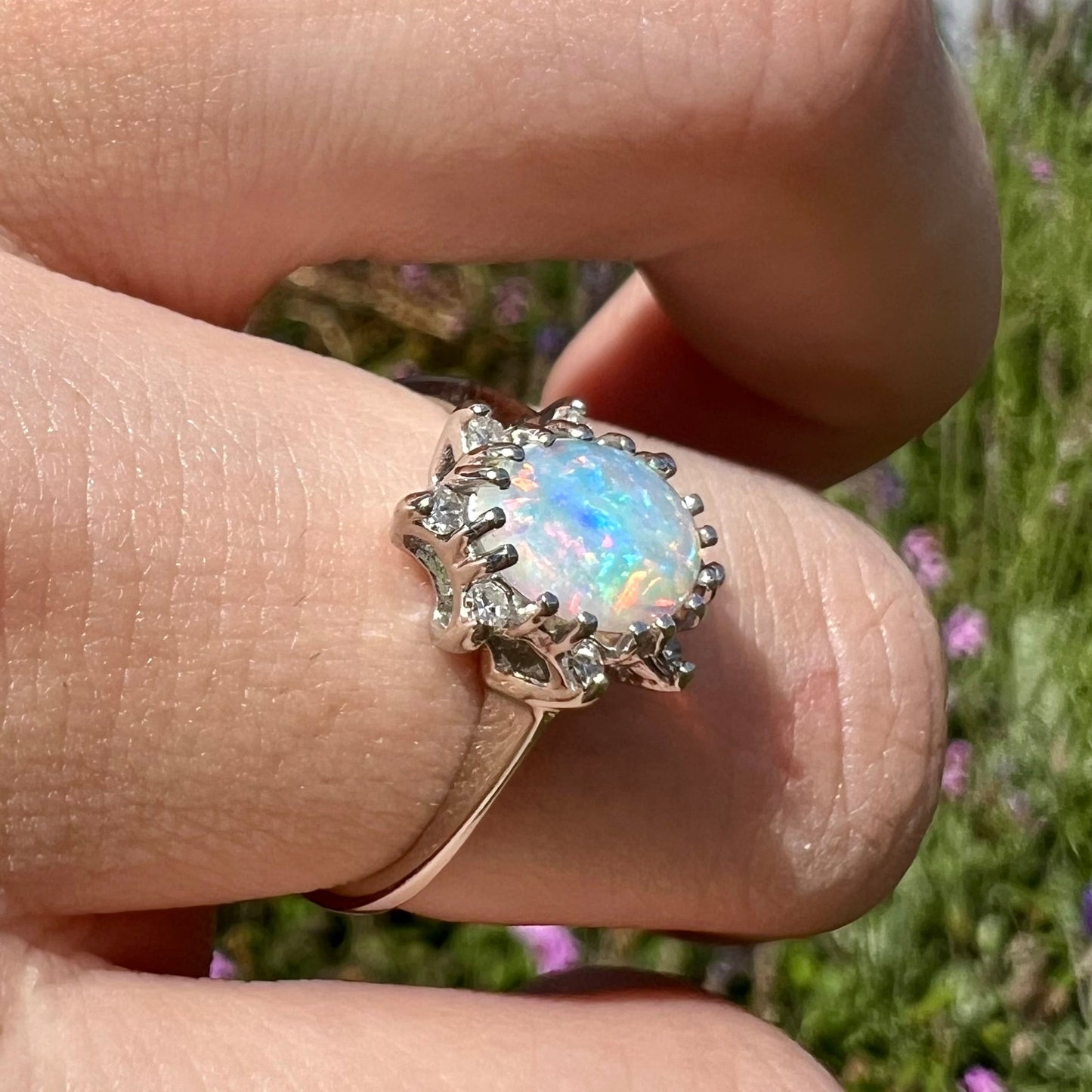 Carmen | Estate White Crystal Opal & Diamond Ring in 10kt White Gold
