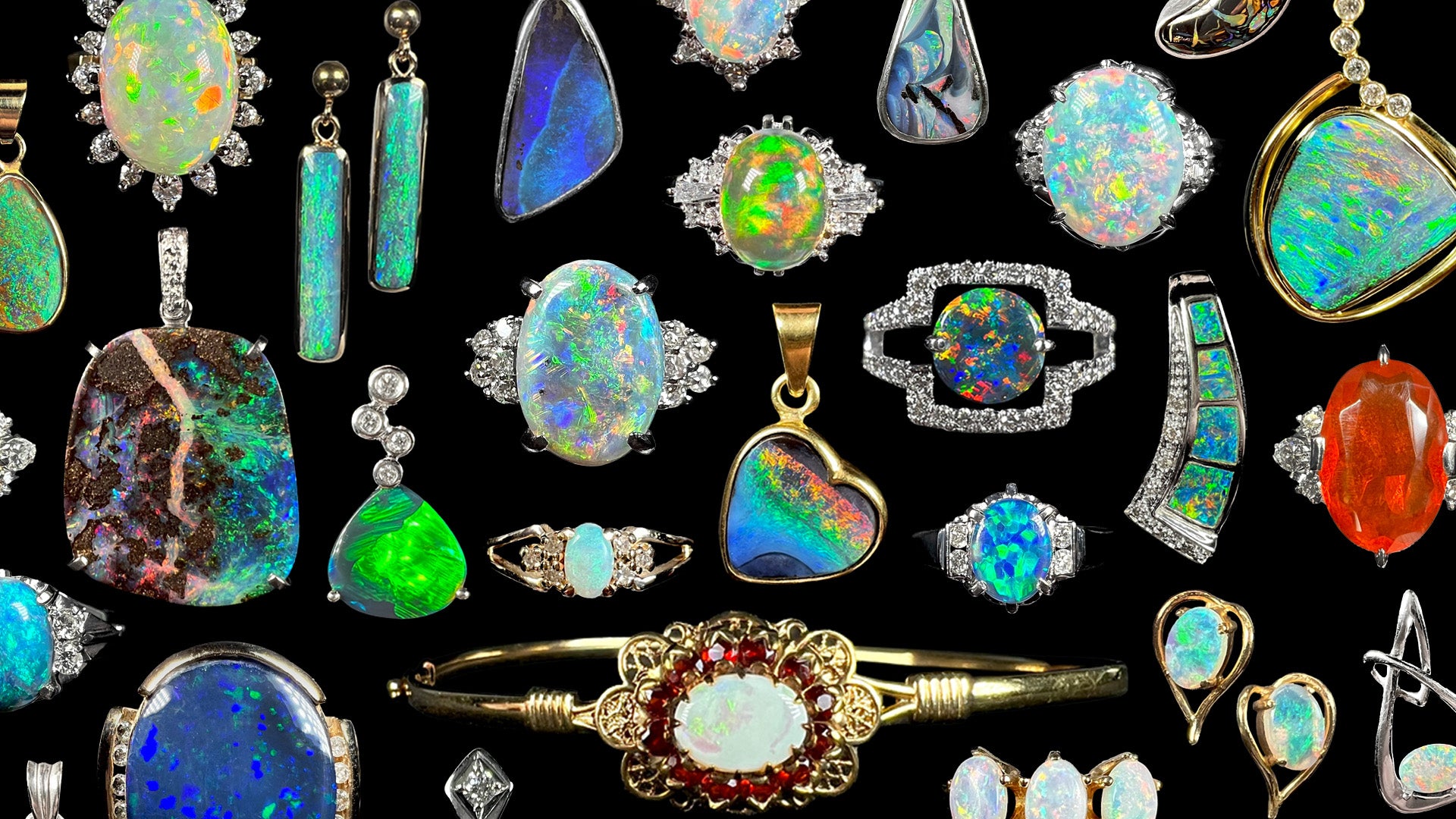 A collage of colorful opal jewelry, including opal rings, pendants, earrings, and bracelets.