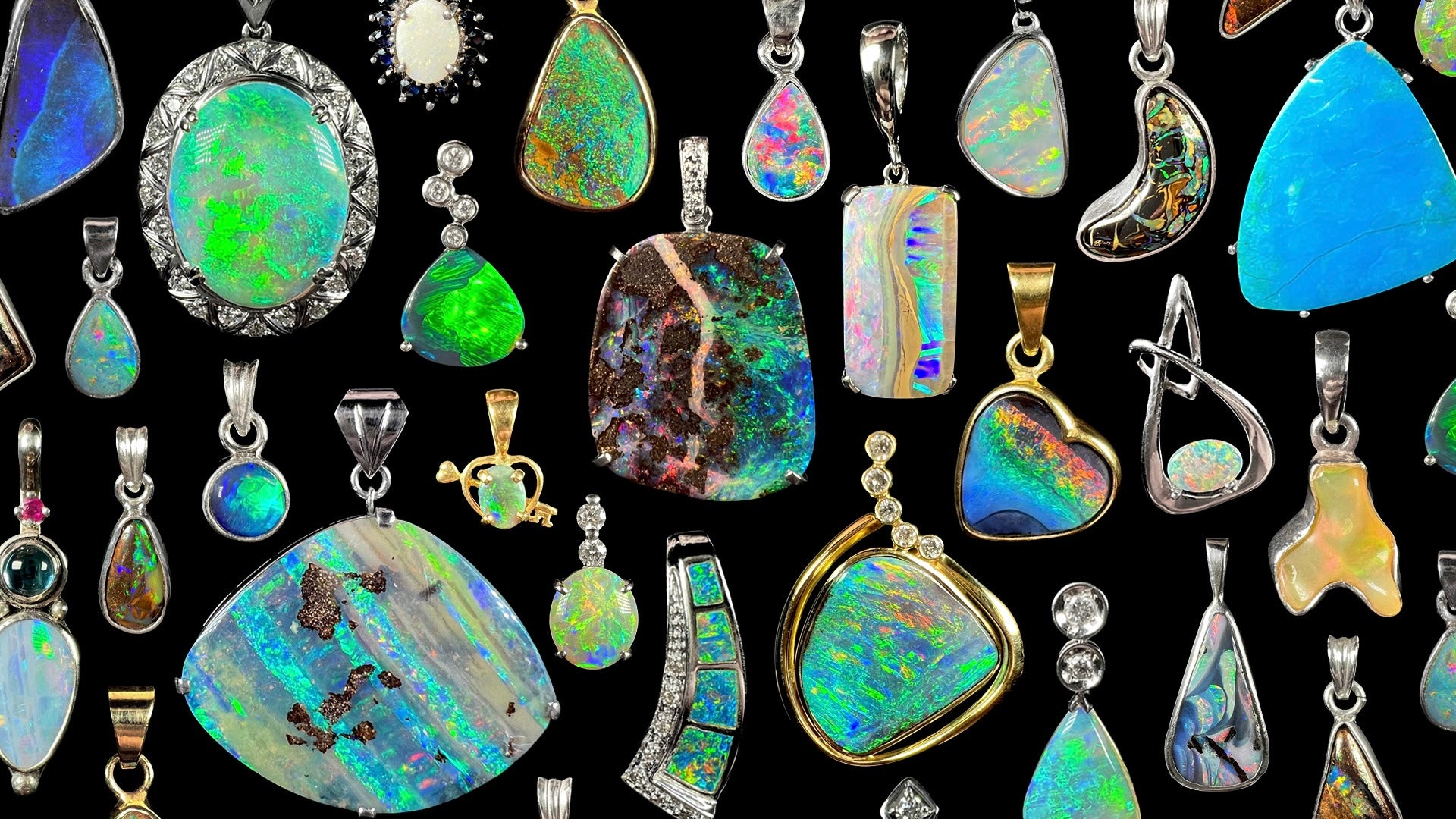 An assortment of colorful opal pendants, featuring black and white opals from Lightning Ridge, Coober Pedy, Chile, and Mexico.