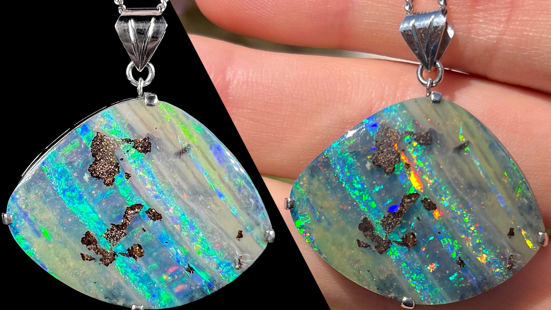 A blue Australian boulder opal necklace in platinum shown under LED studio light on the left and natural sunlight on the right.