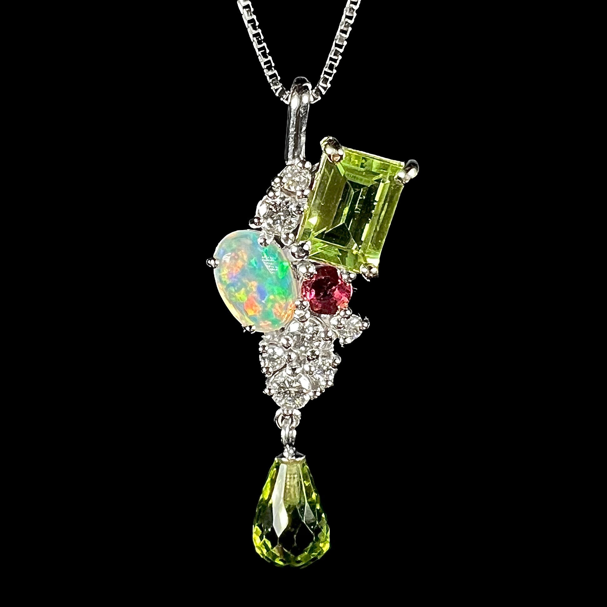 Opal, Peridot, Diamond Cluster Drop Necklace OpalPop