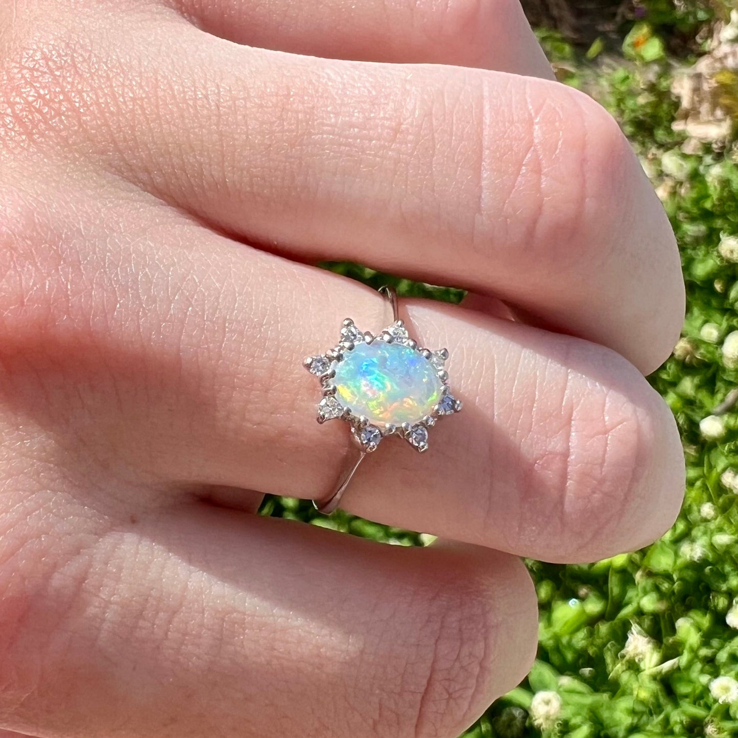 Carmen | Estate White Crystal Opal & Diamond Ring in 10kt White Gold
