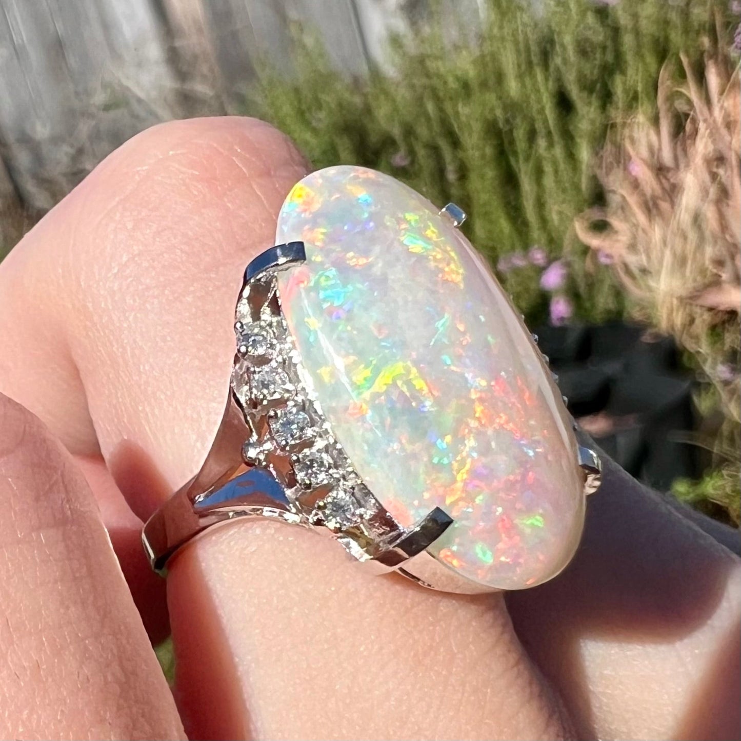 A platinum Coober Pedy opal cocktail ring lined with round brilliant cut accent diamonds. The opal plays orange and green colors.