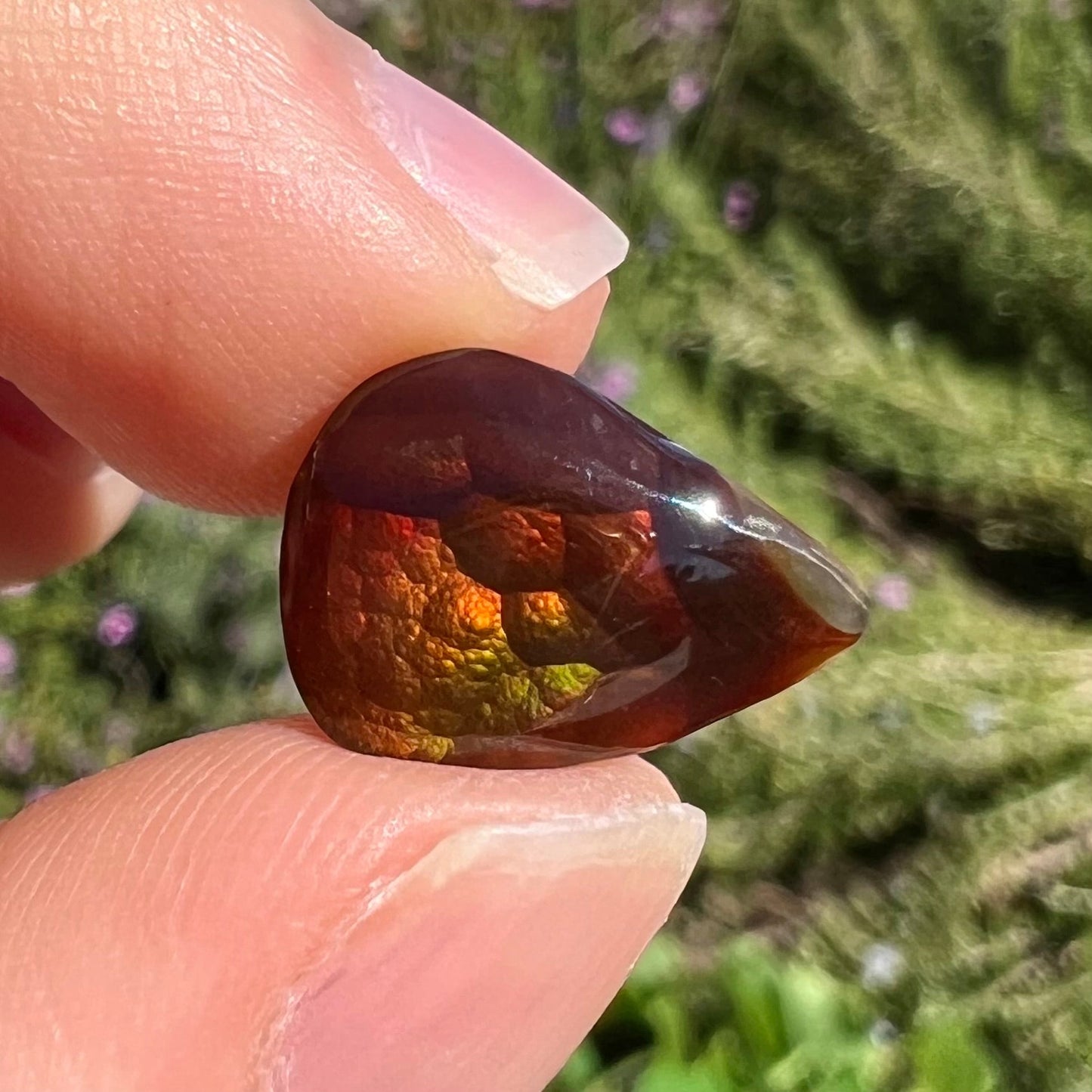 A loose, pear shaped Mexican fire agate gemstone. The stone is predominantly vivid red with green overtones.