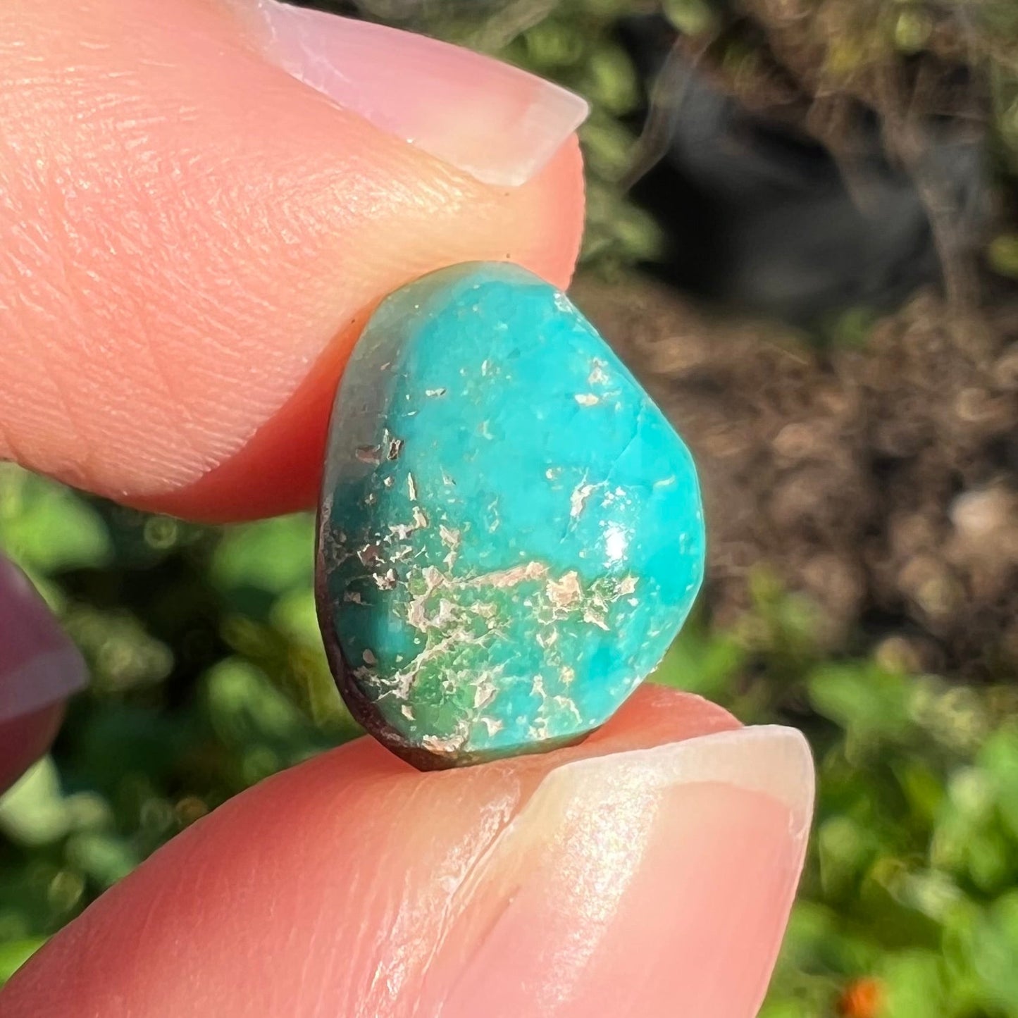 A loose, freeform cut Pilot Mountain turquoise cabochon. The stone is greenish blue.