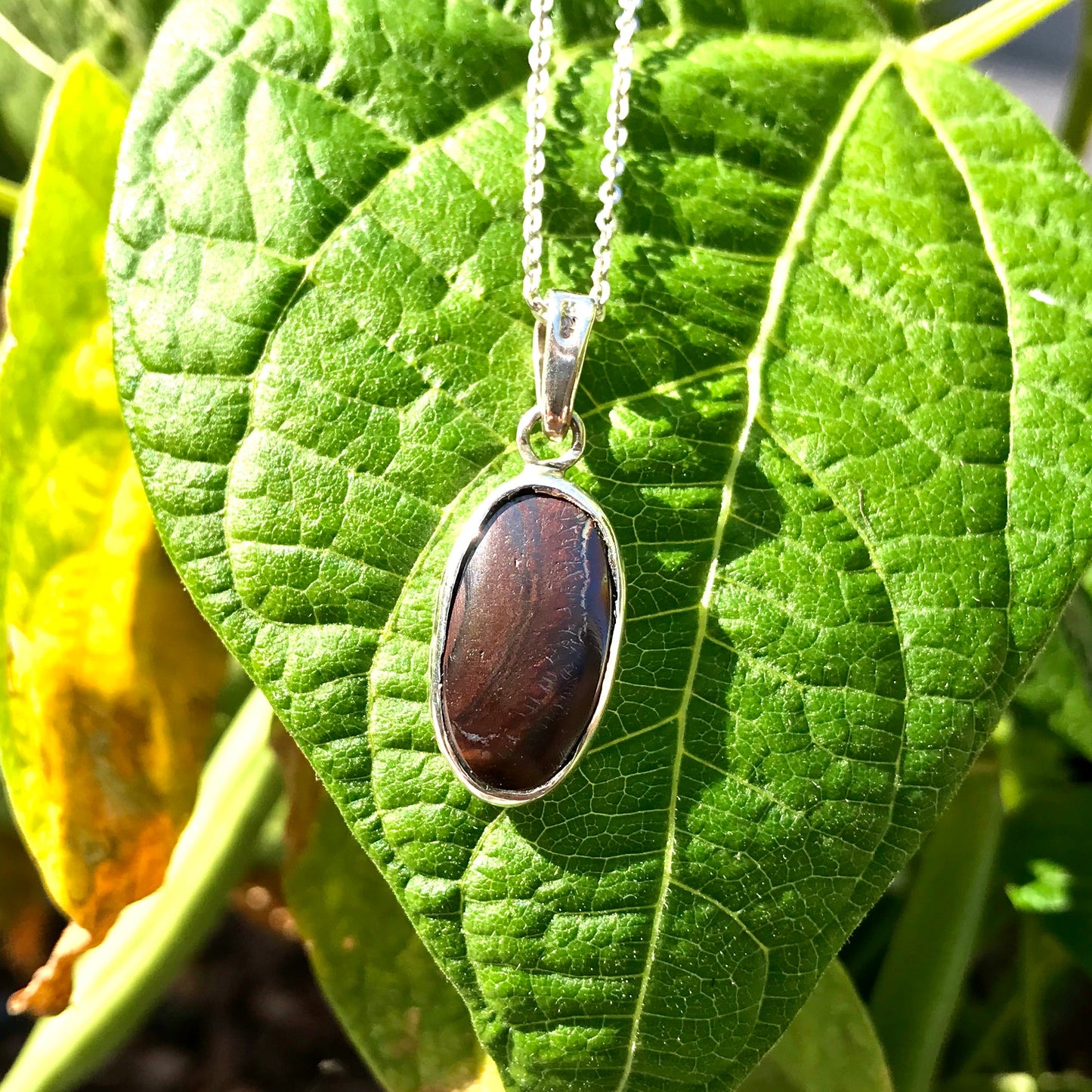 This photo shows the backside of an Australian boulder opal pendant set in sterling silver.  The backside of the opal shows its banded brown ironstone matrix.  The piece is on a sterling silver cable chain and against a green leaf backdrop.