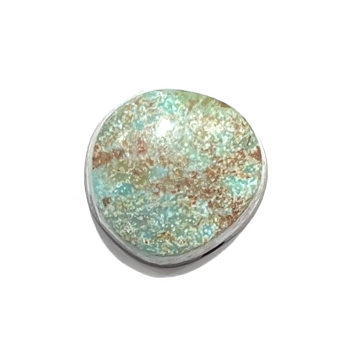 A loose, off-round cabochon cut turquoise stone. The stone is light blue with a red webbed matrix.
