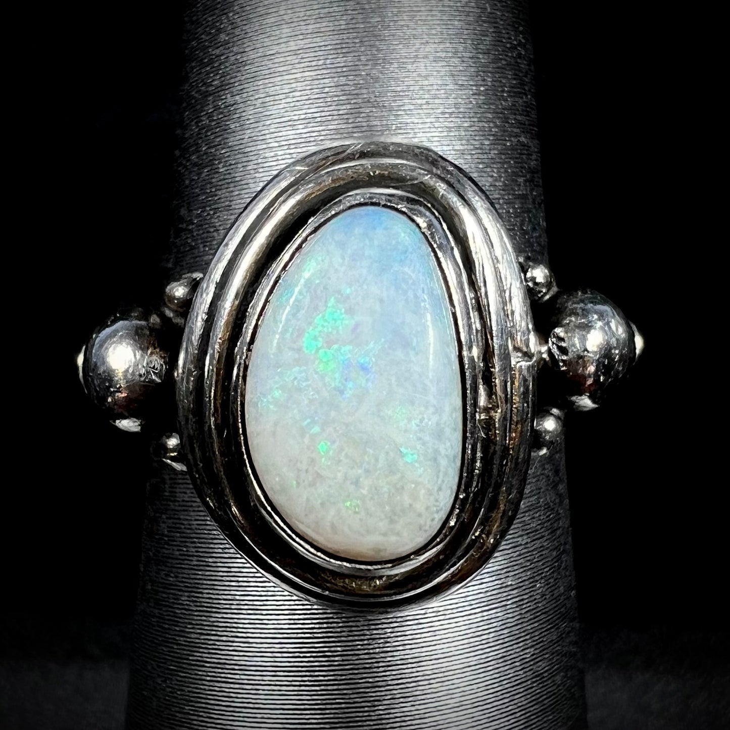 A handmade Boho-style sterling silver opal ring set with an Australian opal shown from the front.