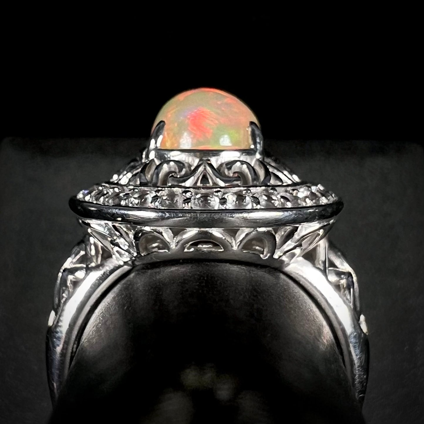 Side gallery of silver filigree opal statement ring against black background.
