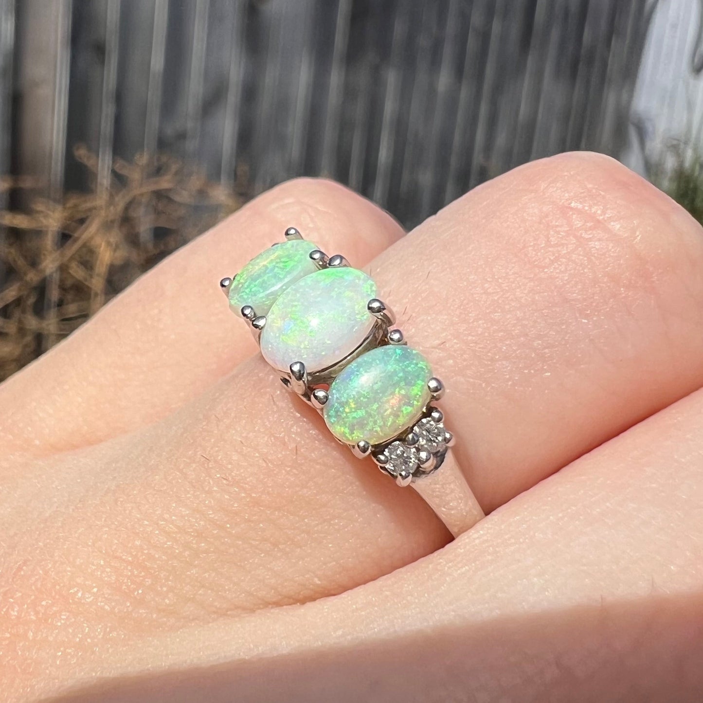A ladies' white gold ring prong-set with three natural white opals and diamond accents. The opals play a green color.