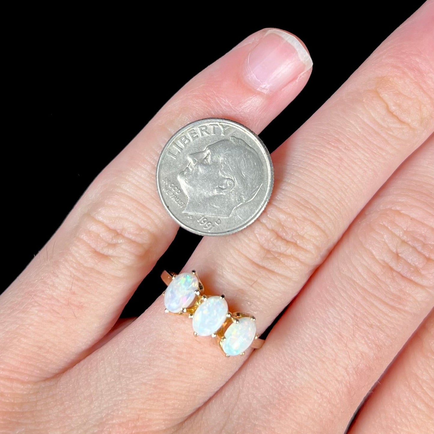 Dionne | Vintage Three-Stone Coober Pedy Opal Ring in 14kt Gold, c.1940's