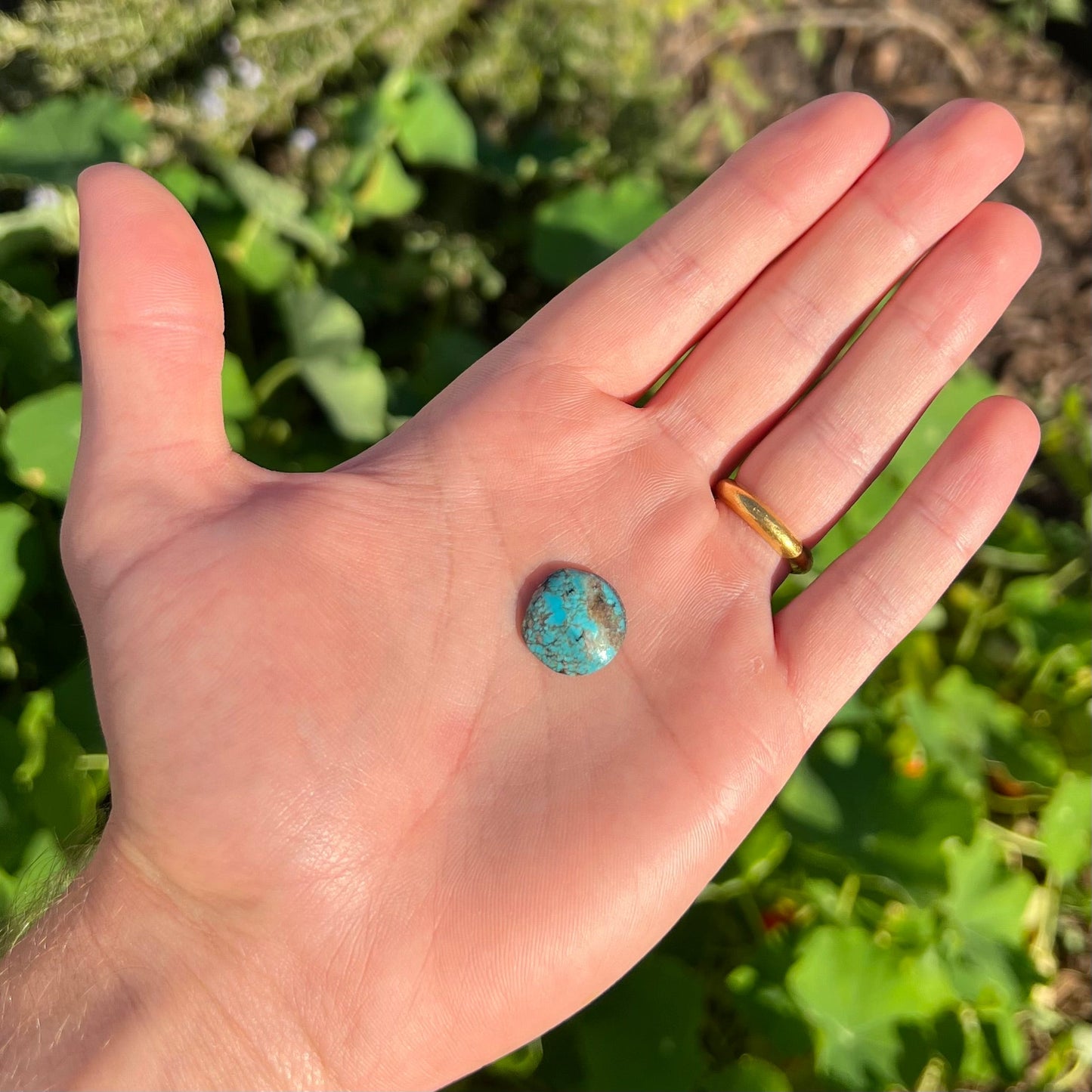 A round cabochon cut Tyrone turquoise stone from New Mexico. The stone is blue with brown, gray, and black matrix.