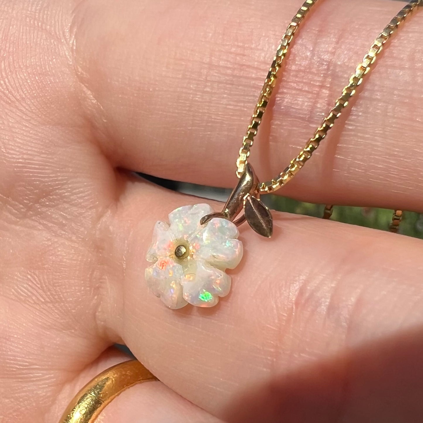 A white Australian opal flower necklace with a yellow gold stem and leaf-design bail shown close-up in a hand from an angle under sunlight.