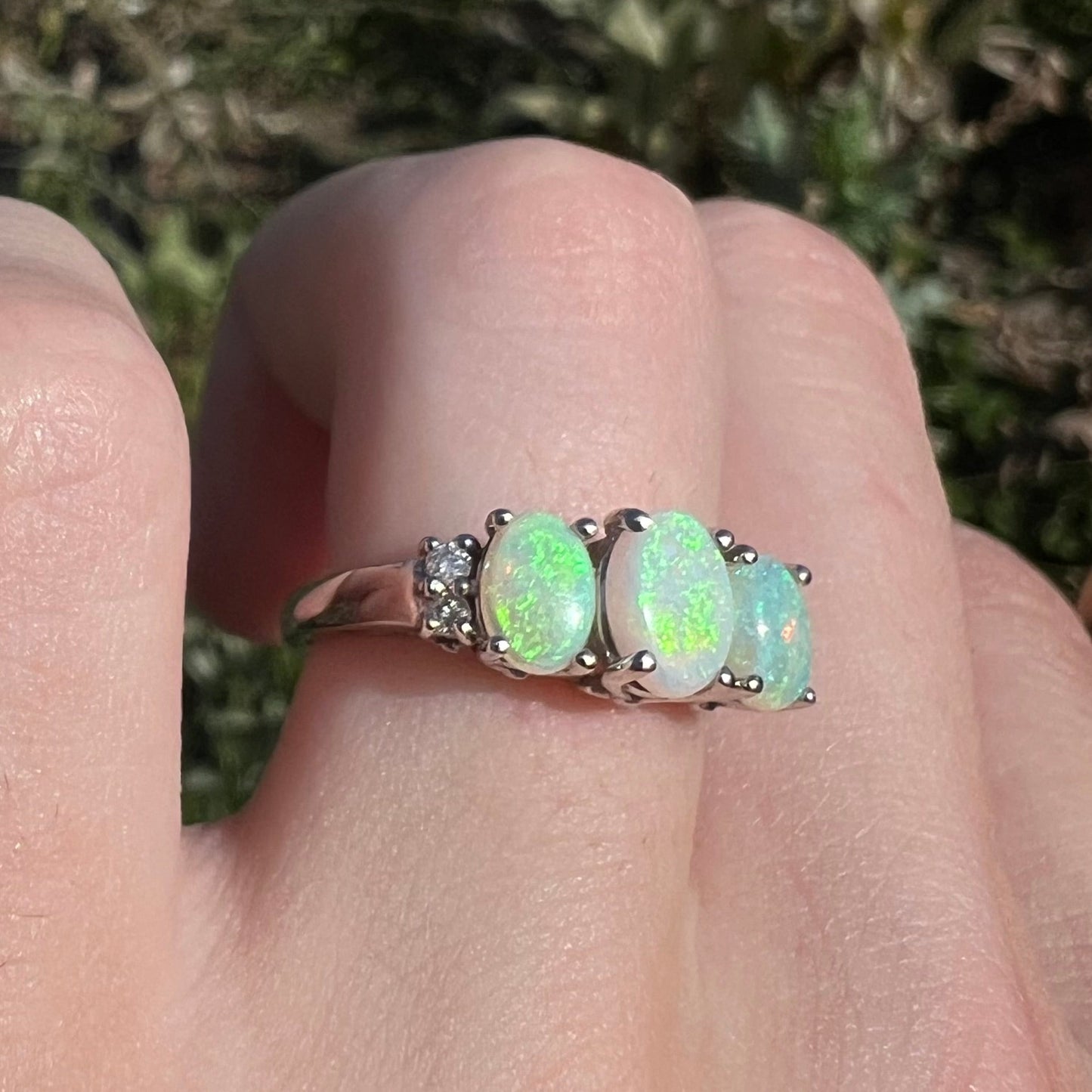 A ladies' white gold ring prong-set with three natural white opals and diamond accents. The opals play a green color.