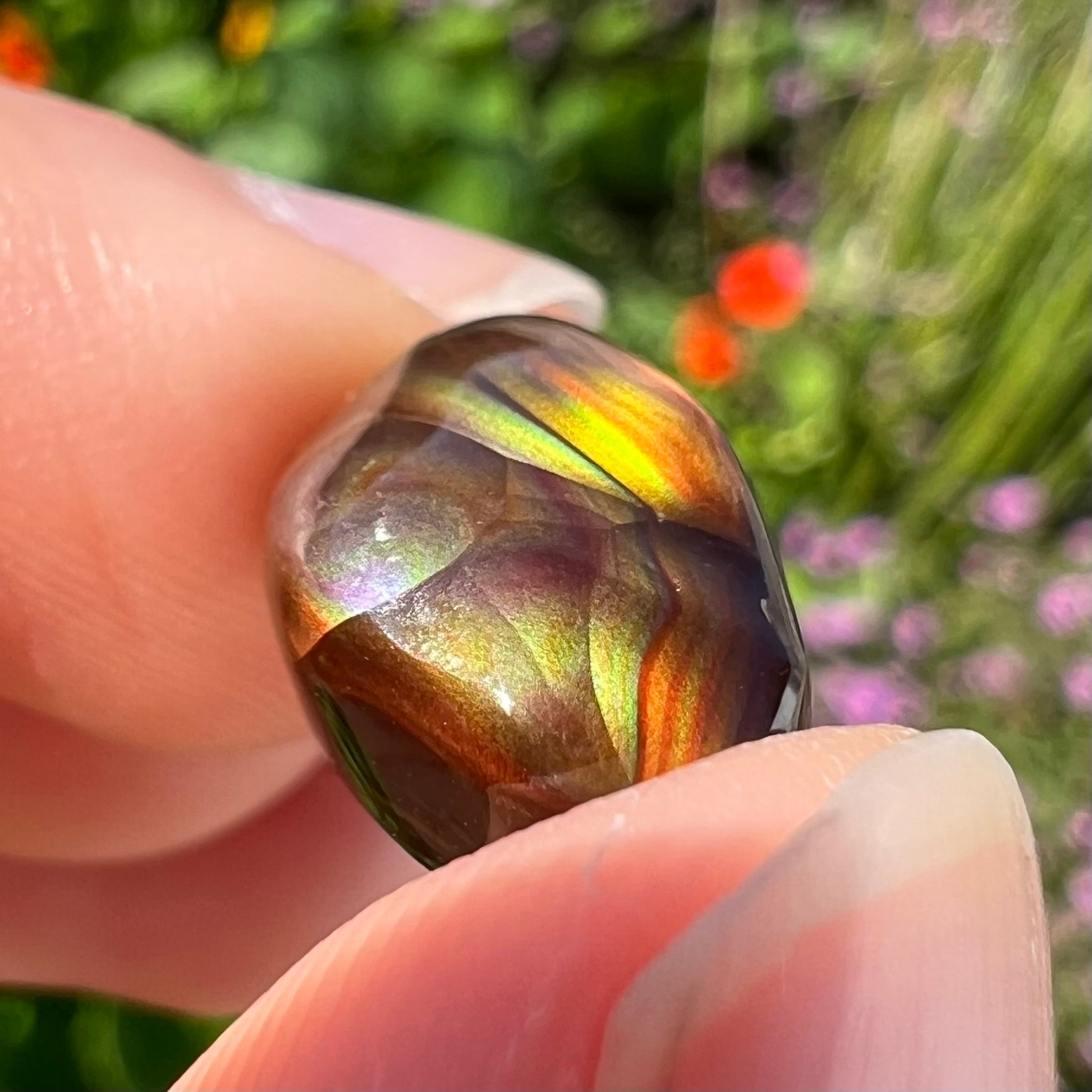 An oval cabochon cut Mexican fire agate stone.  The stone has bright, multicolored iridescent banding.