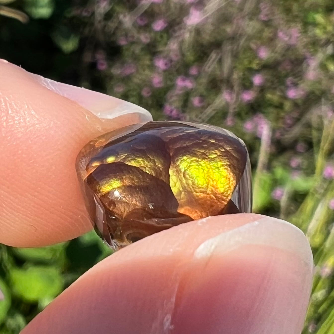 A loose, round Mexican fire agate stone. The stone shines colors of green, yellow, and orange.