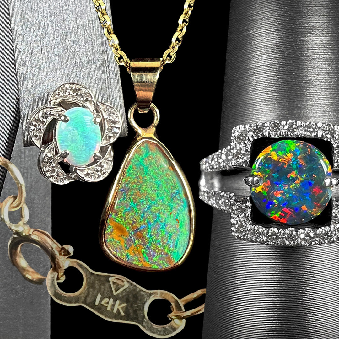 Three pieces of 14k gold jewelry including white gold flower earring, yellow gold boulder opal pendant, and black opal diamond ring shown with gold chain tag stamped "14K".