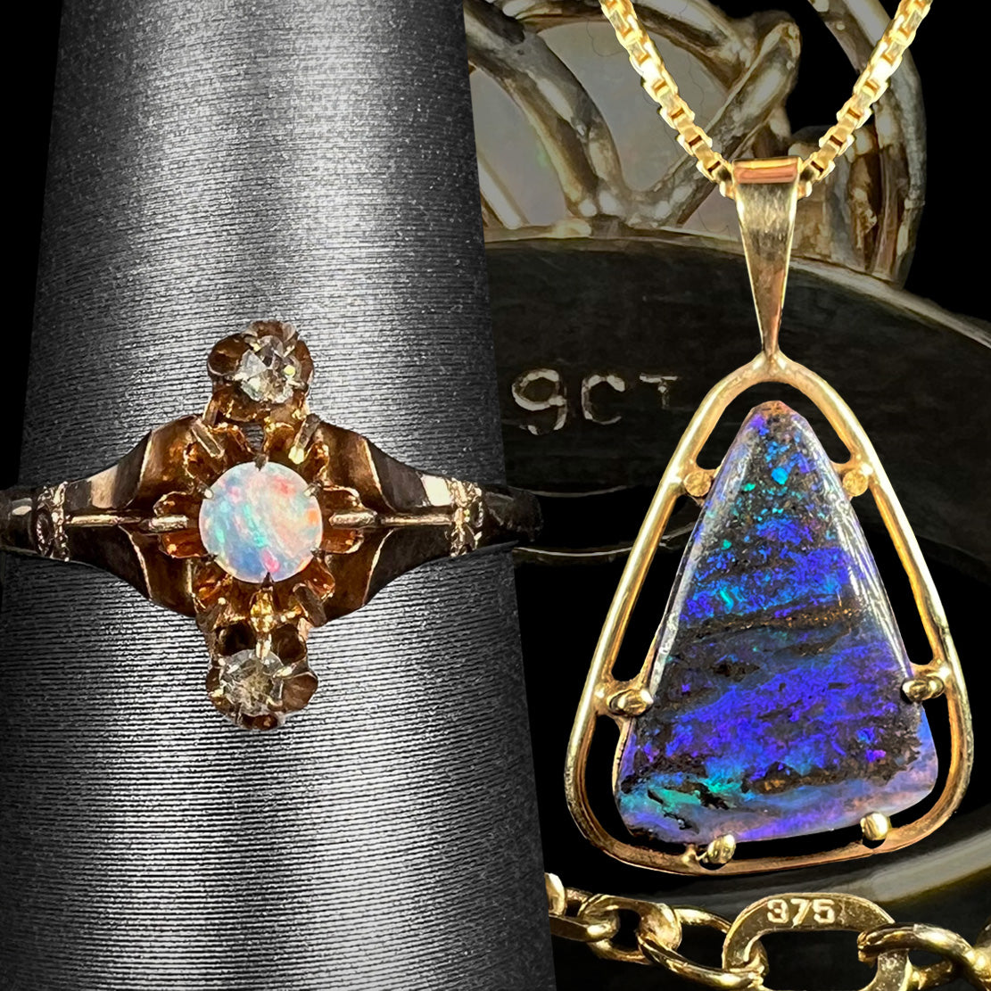 Victorian 9k gold opal and diamond ring on display next to 9k boulder opal pendant in front of "9CT" jewelry stamp.