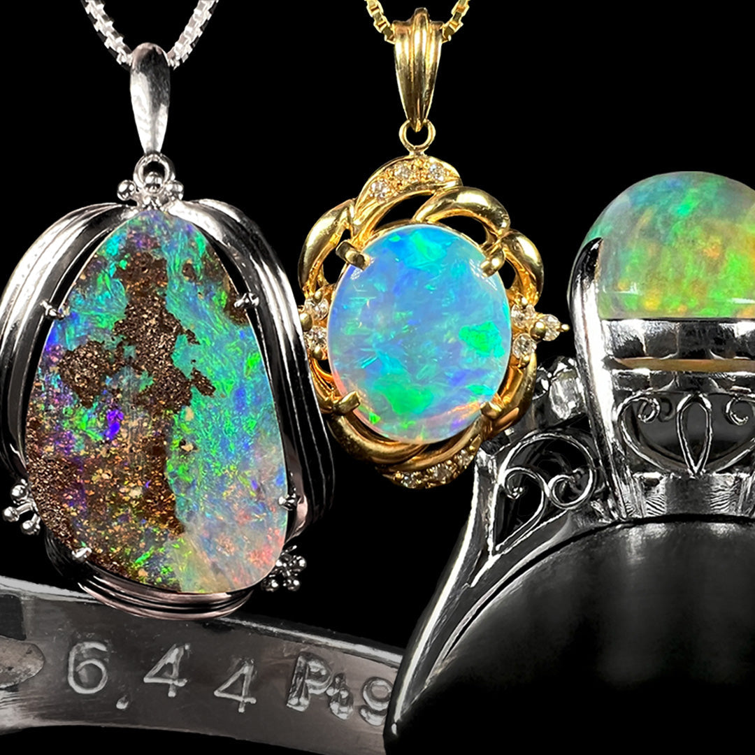 Two opal pendants—one boulder opal in platinum and one crystal opal in 18k gold—next to the gallery view of a filigree platinum fire opal ring and the inside of a shank showing hallmarks "6.44" and "Pt".