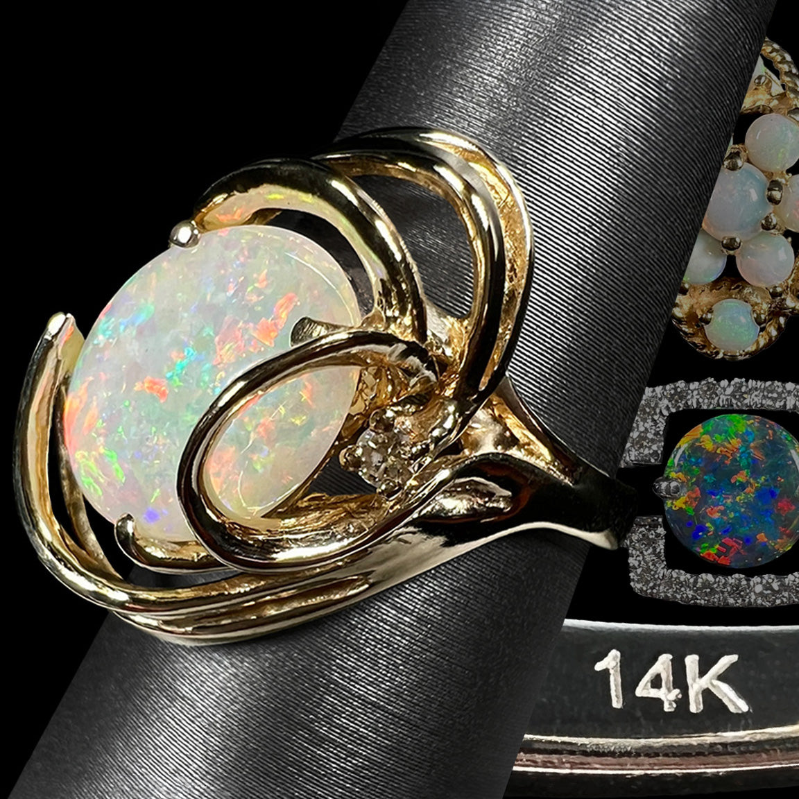 A Modernist style 10k yellow gold opal and diamond cocktail ring shown on display from angle in front of faded opal rings next to white gold piece stamped "14K".