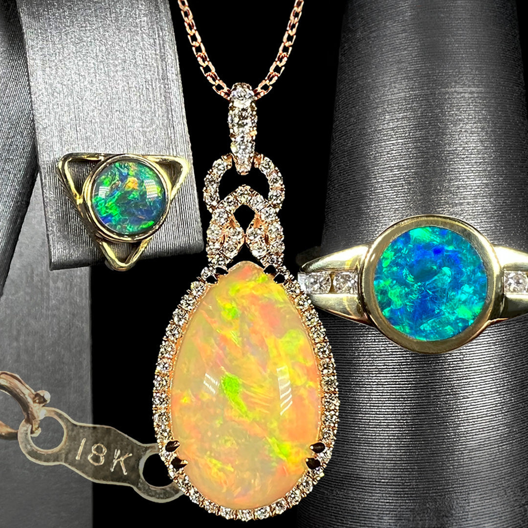 Solid 18k gold opal jewelry including earrings, rose gold pendant, and yellow gold ring, shown with chain's tag stamped "18K".