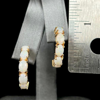 Pair of large five-stone Australian white opal semi-hoop earrings in 14k gold measuring 0.9" long, shown on earring display next to ruler