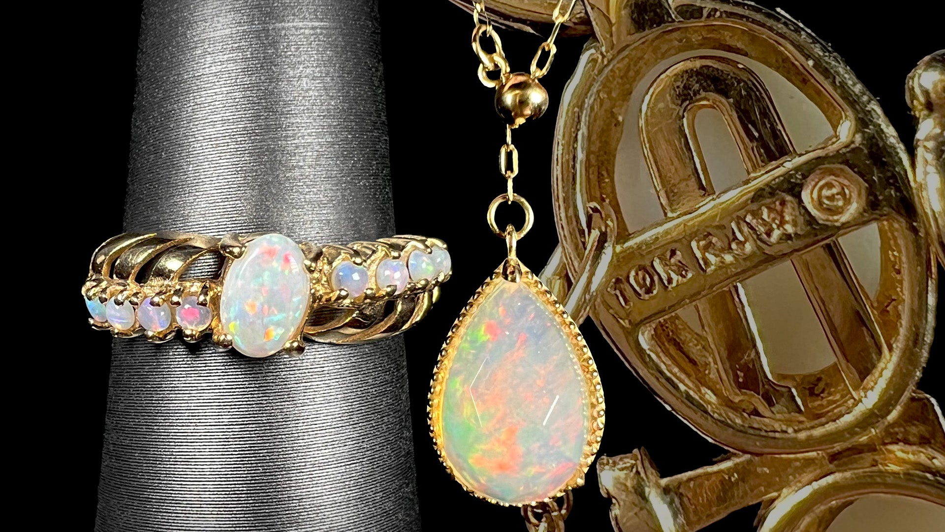 Three pieces of 10k gold opal jewelry including an Australian opal ring, a teardrop Ethiopian opal pendant, and a tennis bracelet shown from back side focused on "10K RJW" hallmark stamp.