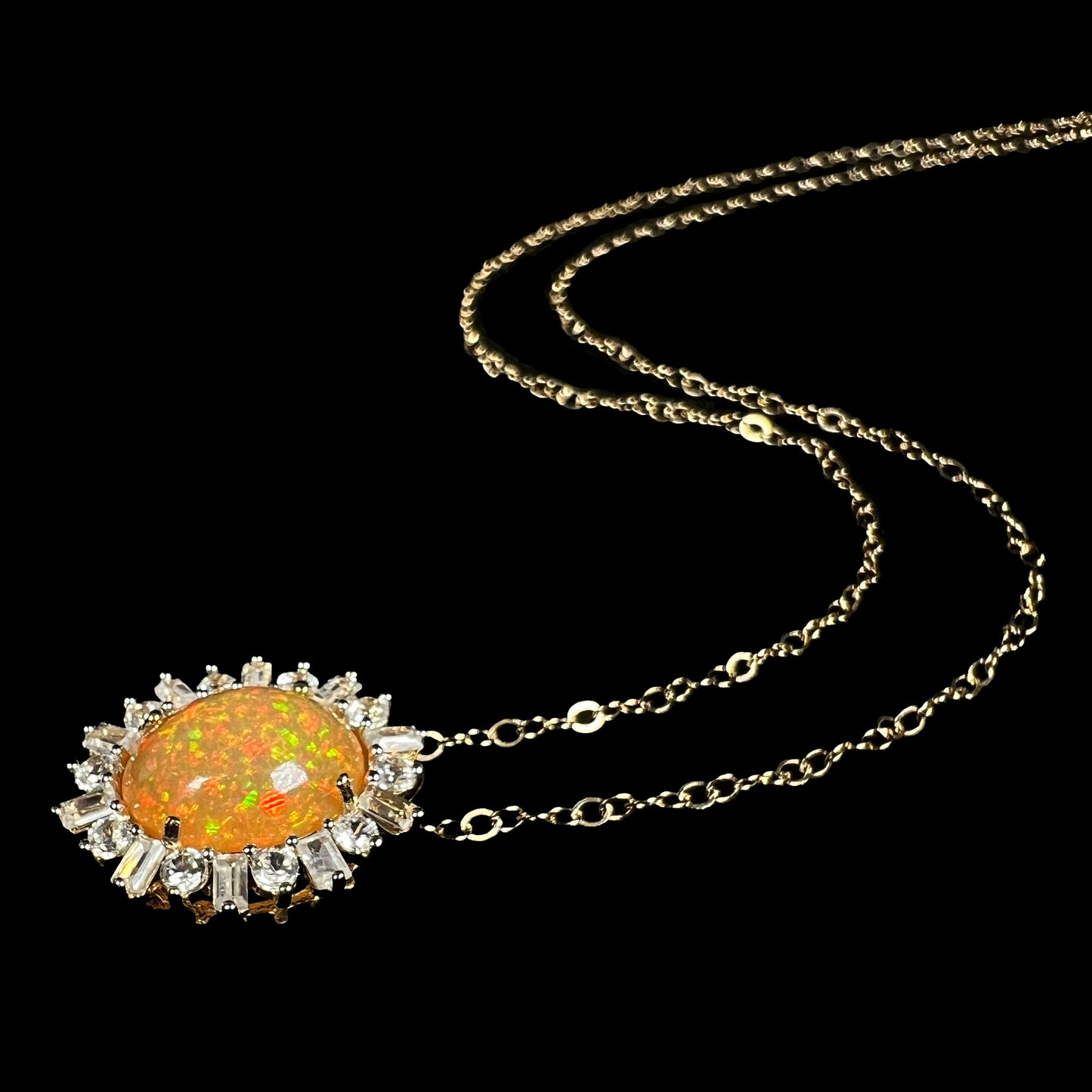Hazel | Pinfire Ethiopian Opal & White Zircon Halo Necklace in 14k Gold with 14k Chain