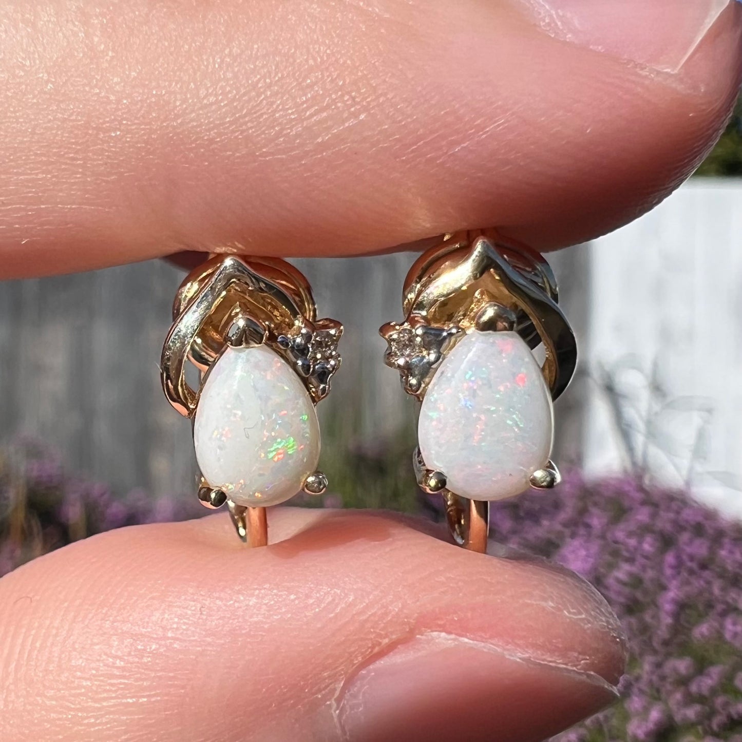 An angled macro view of 14k gold opal and diamond clip-on earrings in natural sunlight, showing faint, subtle red opal flashes against the gold setting.