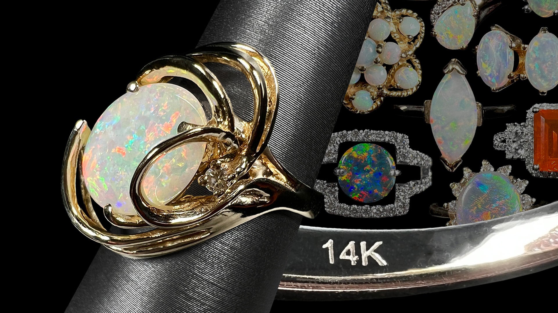 A 14k gold opal cocktail ring shown from angle next to inside of white gold ring's shank stamped with "14K" hallmark, in front of faded collage of white and yellow gold opal rings.