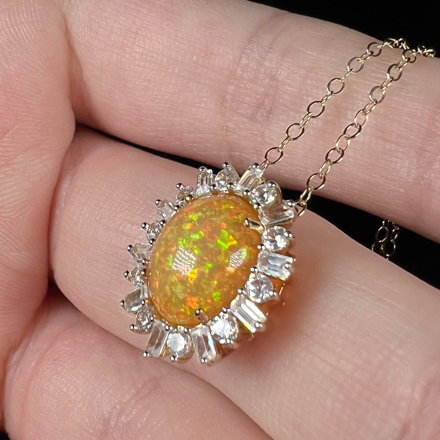 Hazel | Pinfire Ethiopian Opal & White Zircon Halo Necklace in 14k Gold with 14k Chain