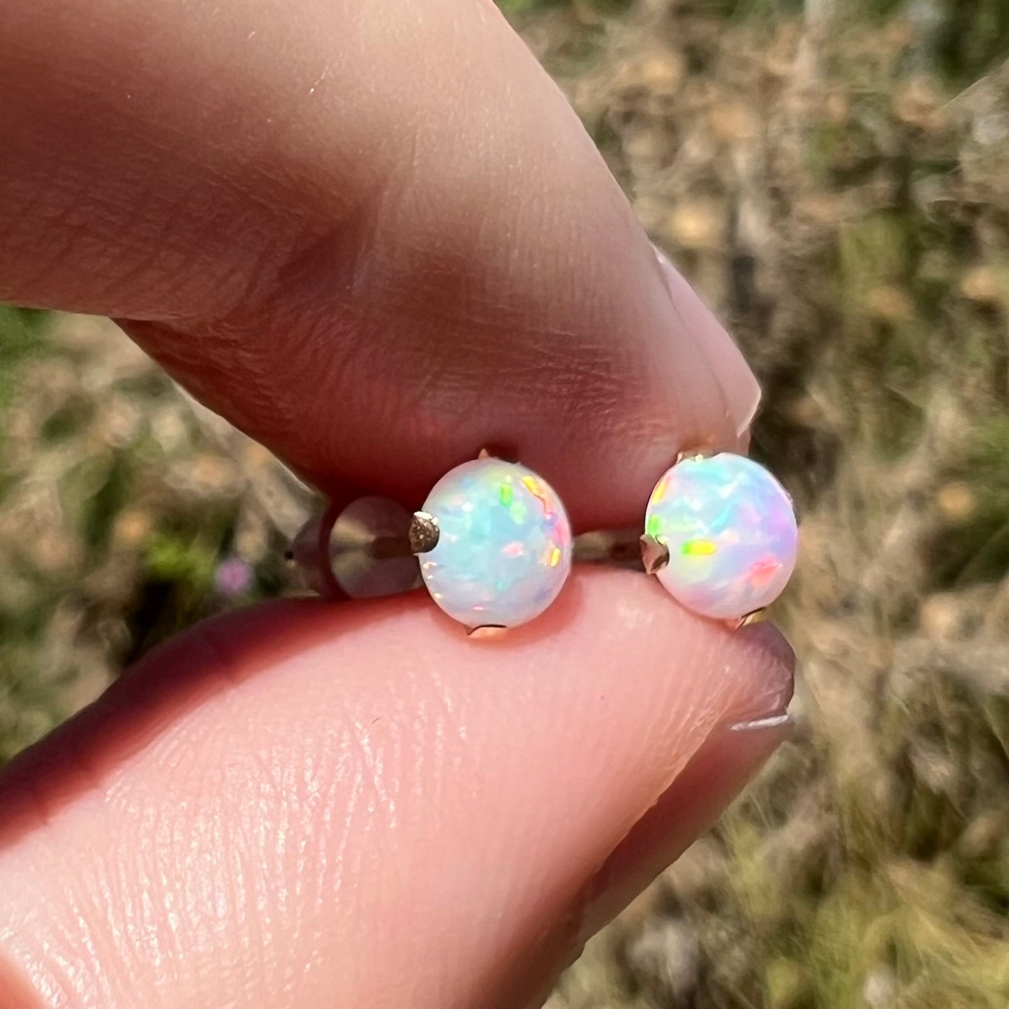 Angled close-up of 14k yellow gold lab-created opal stud earrings, held between two fingers in sunlight.