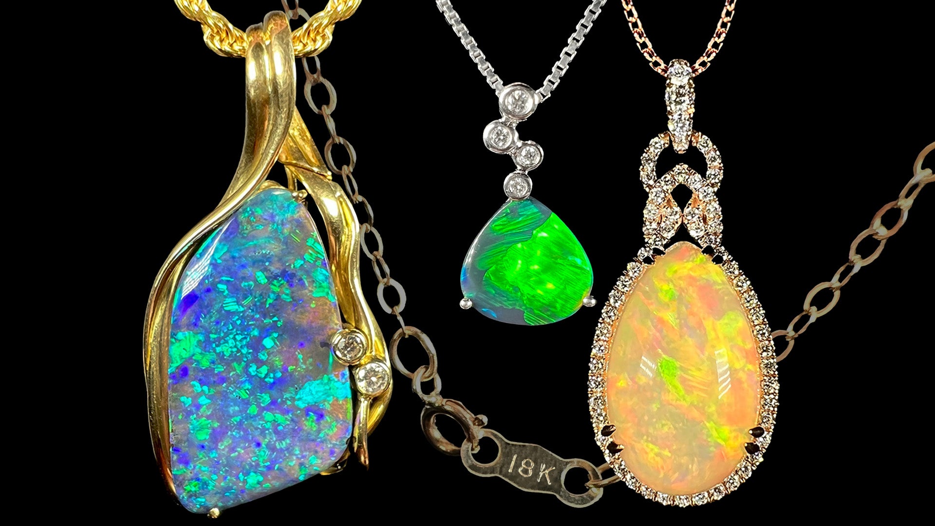 Three 18k gold opal necklaces in yellow, white, and rose gold, shown in front of a chain stamped with "18K" hallmark.
