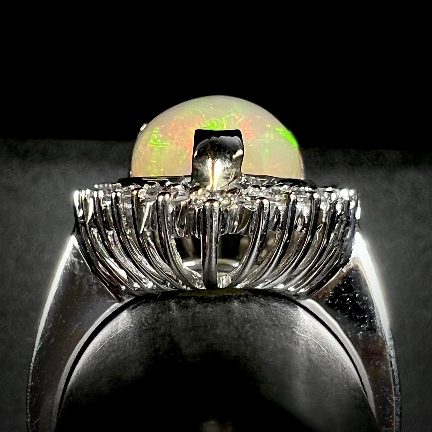 Side gallery profile view of an 18k white gold basket set Ethiopian opal and diamond ring.