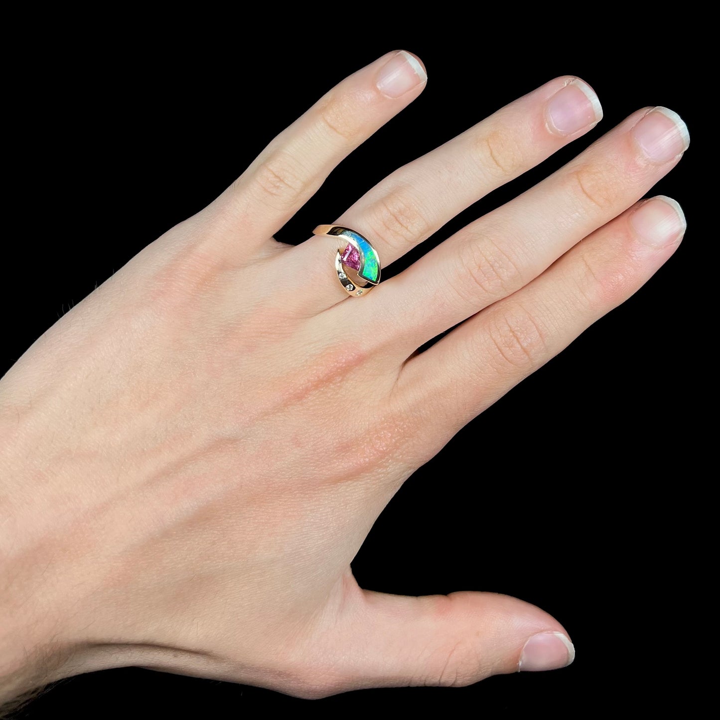 Libra | Retro Pink Tourmaline & Opal Inlay Ring in 14k Gold, c.1980's