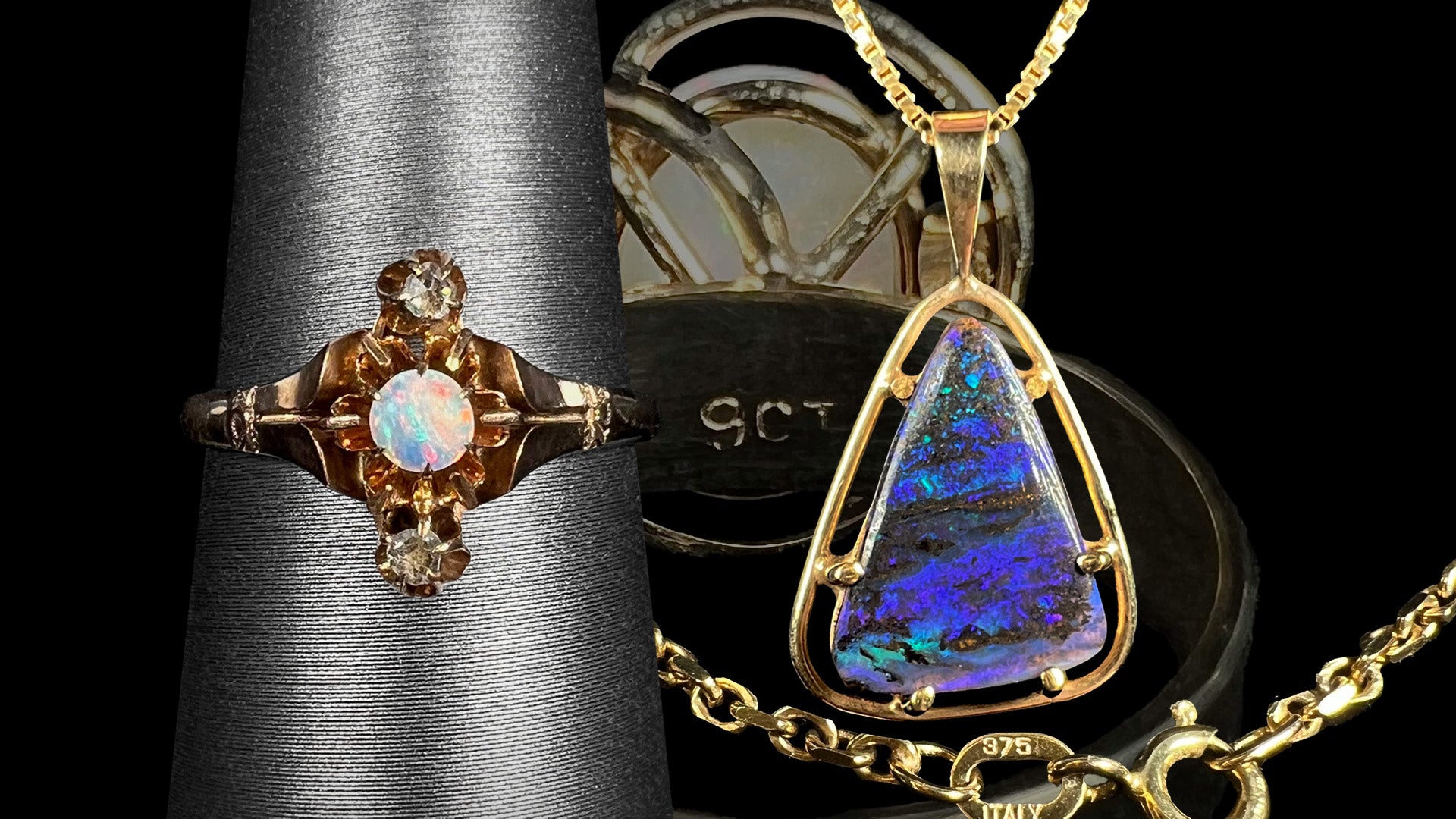 9k gold opal jewelry showing ring and pendant side by side with gold chain stamped "375 ITALY" in front of back side of faded ring stamped "9CT".