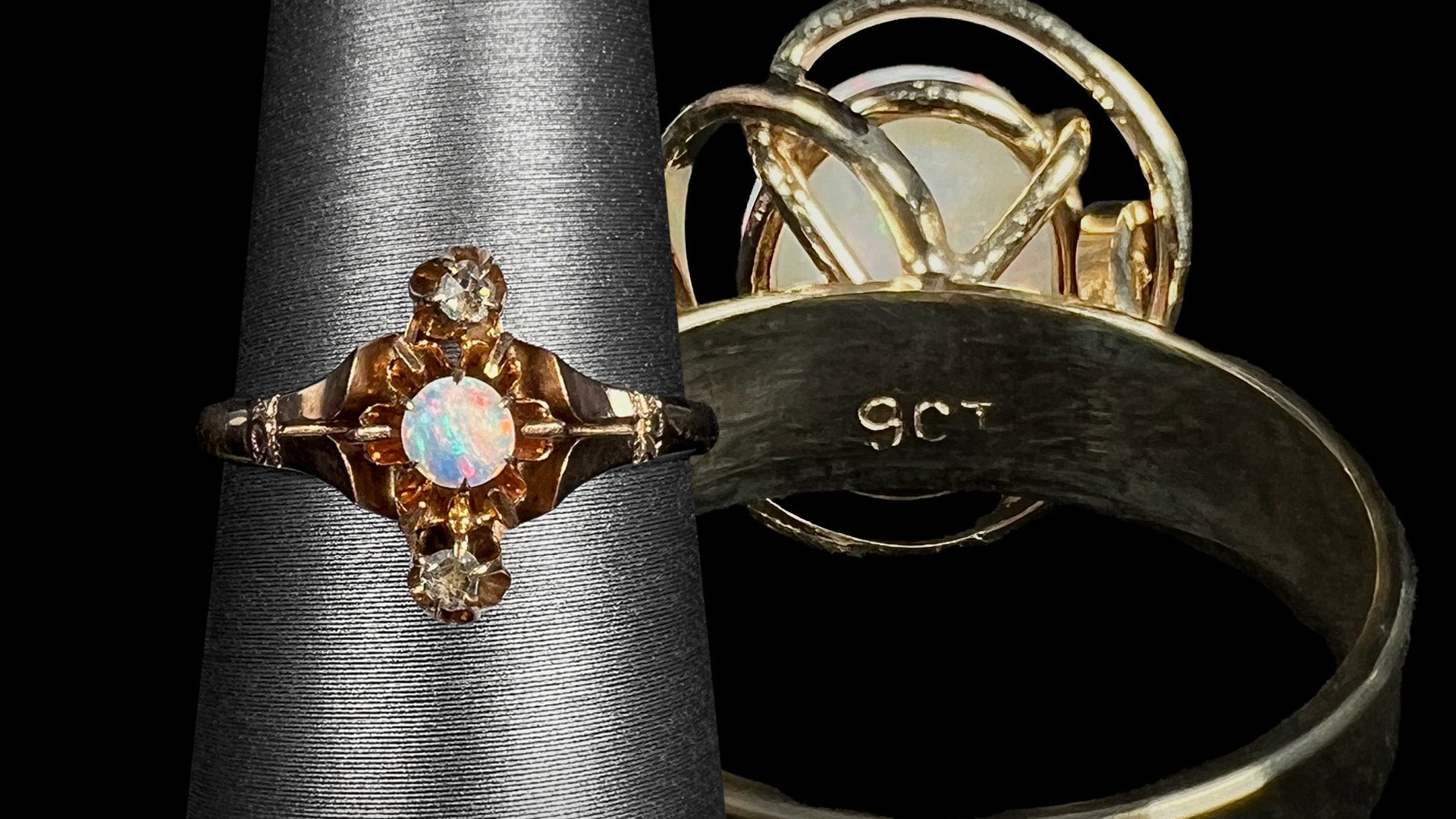 Vintage 9k gold opal and diamond ring shown on ring display next to large opal ring shown from back side, focused on "9CT" hallmark stamp.