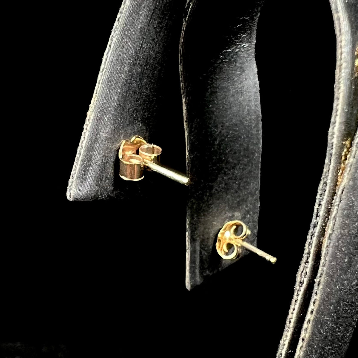 Back view of earring display with 9k gold push-back earring backs and posts