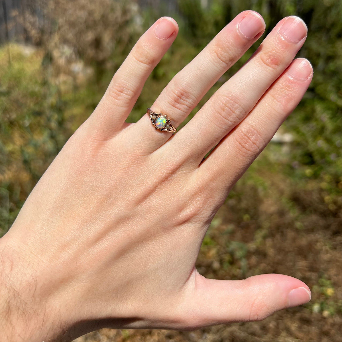 Hand wearing antique Victorian era opal engagement ring in 9k gold under natural sunlight