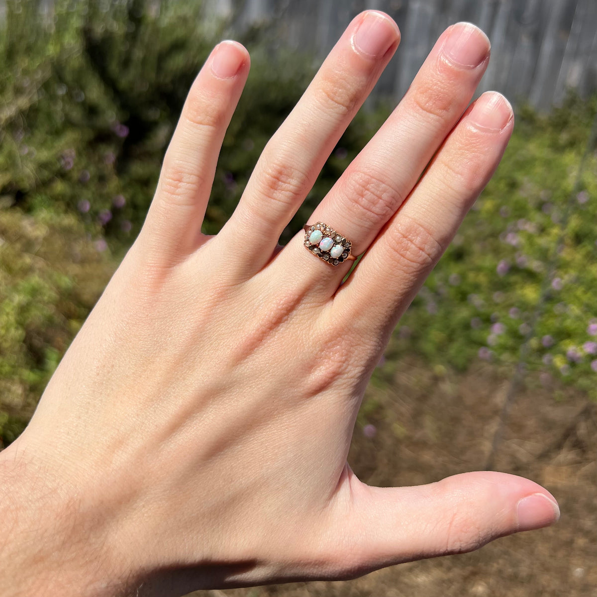 Hand wearing an antique 19th century three-stone opal ring in natural sunlight