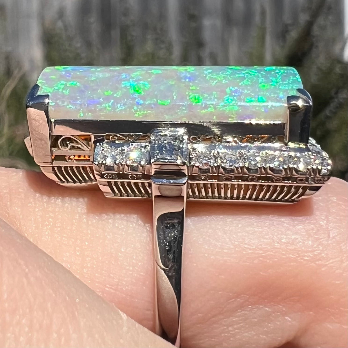 The Empress | Vintage Japanese 11.46ct Rectangular Australian Light Opal & Diamond Cocktail Ring in Platinum, c.1950s