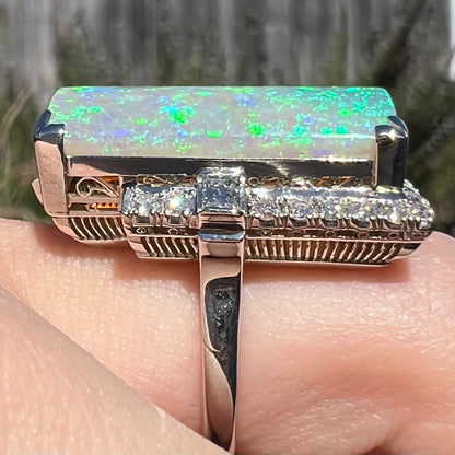 The Empress | Vintage Japanese 11.46ct Rectangular Australian Light Opal & Diamond Cocktail Ring in Platinum, c.1950s