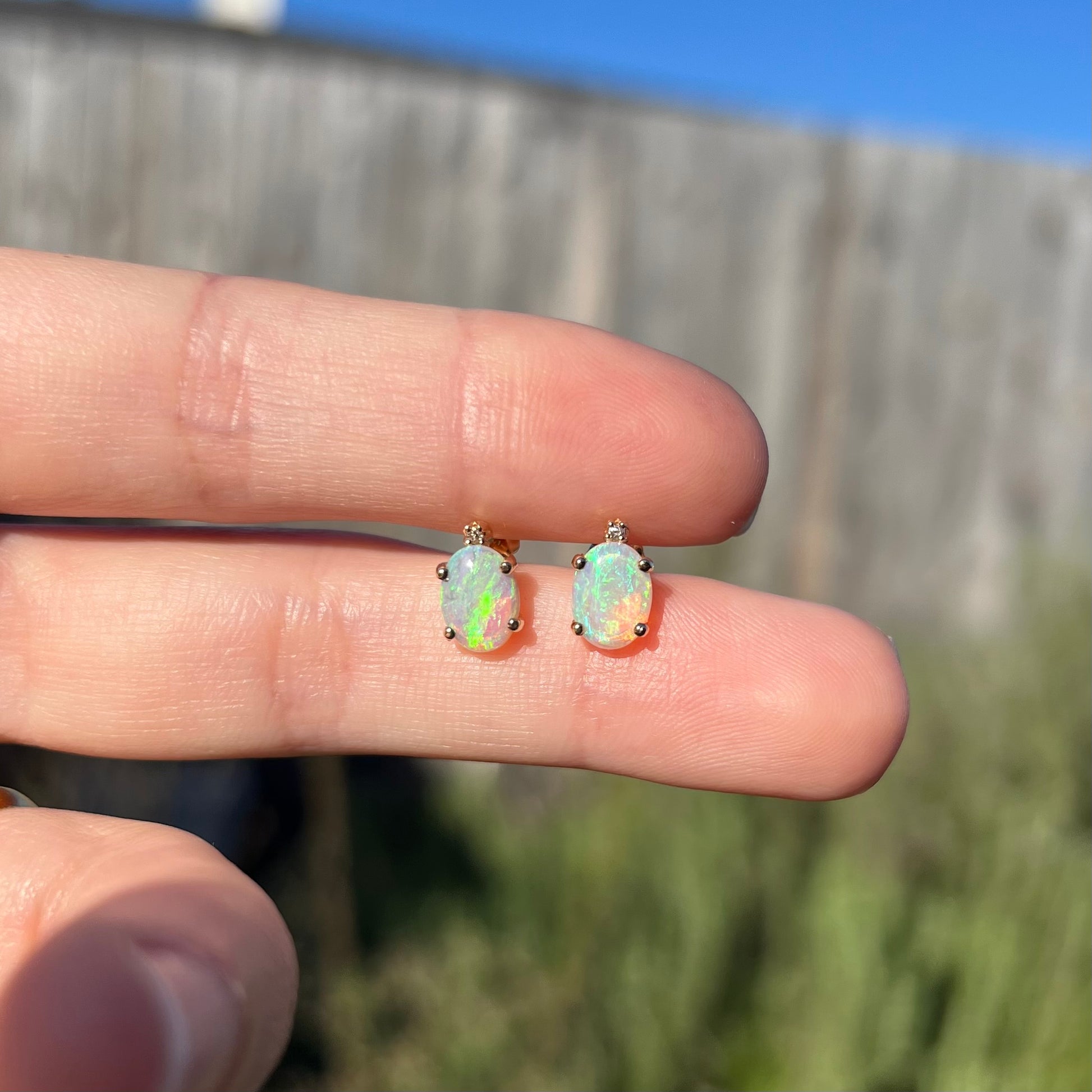 A pair of Australian crystal opal and diamond stud earrings in gold with green-blue color play, shown in the sunlight between two fingers.