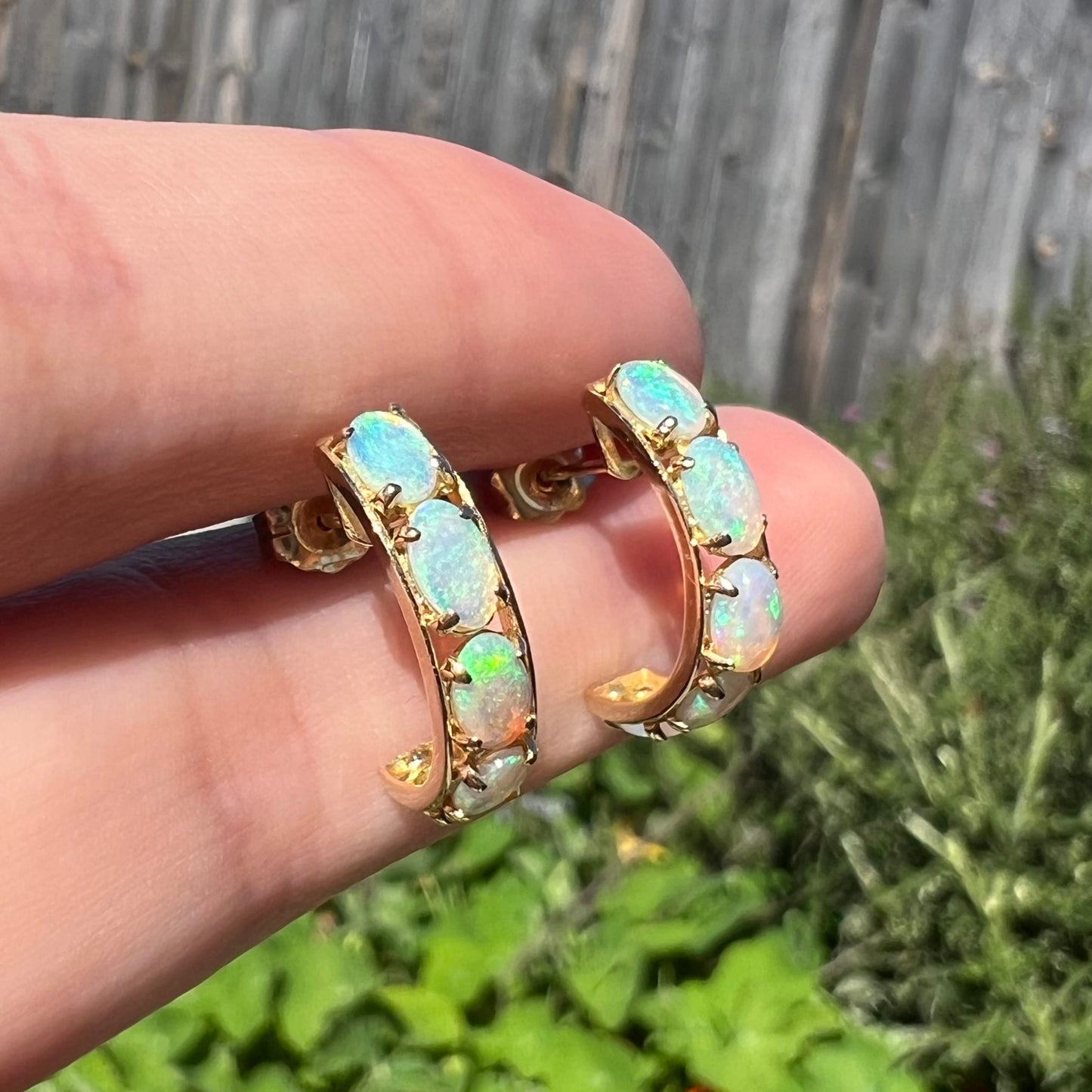 Angled close-up of Australian opal hoop earrings shown held between two fingers in natural light against a blurred green and brown backdrop.