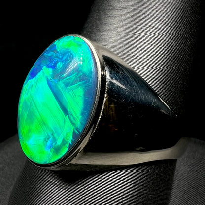 14k white gold Australian opal men's ring close-up on ring display
