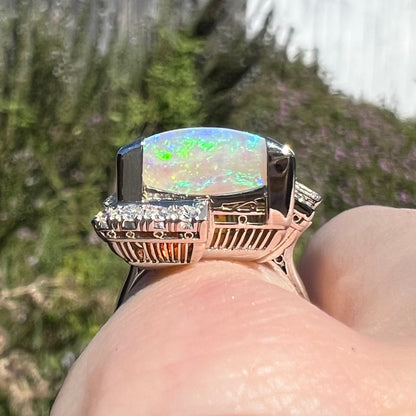 The Empress | Vintage Japanese 11.46ct Rectangular Australian Light Opal & Diamond Cocktail Ring in Platinum, c.1950s