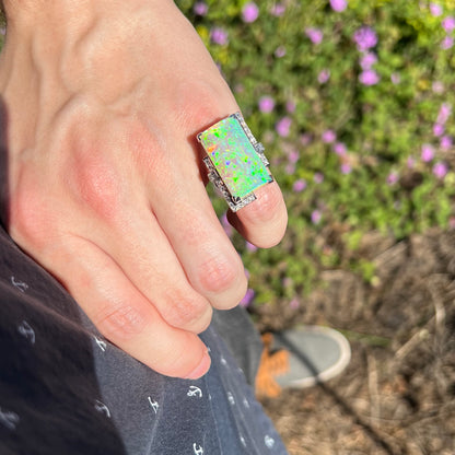 The Empress | Vintage Japanese 11.46ct Rectangular Australian Light Opal & Diamond Cocktail Ring in Platinum, c.1950s