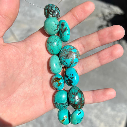 A strand of 12 large, dyed turquoise stones.
