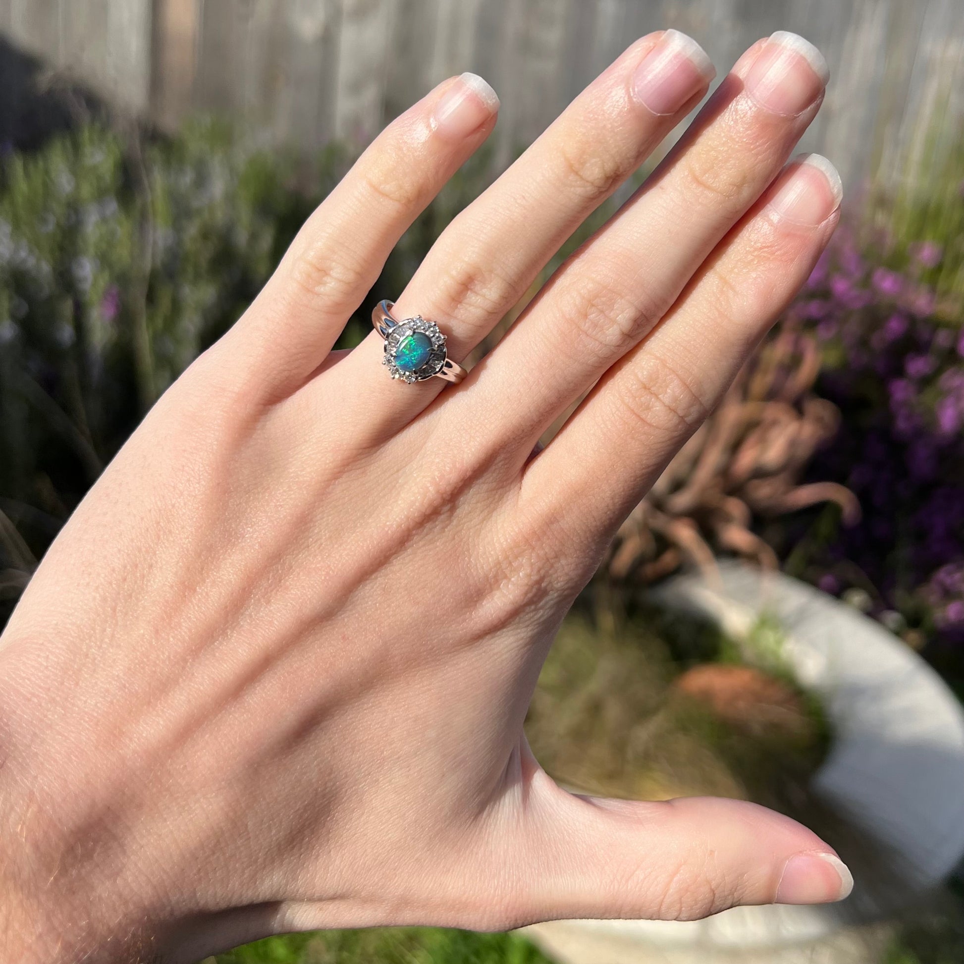 A dainty black opal and diamond halo engagement ring worn on a hand in the sunlight.  The ring has a wavy platinum shank.