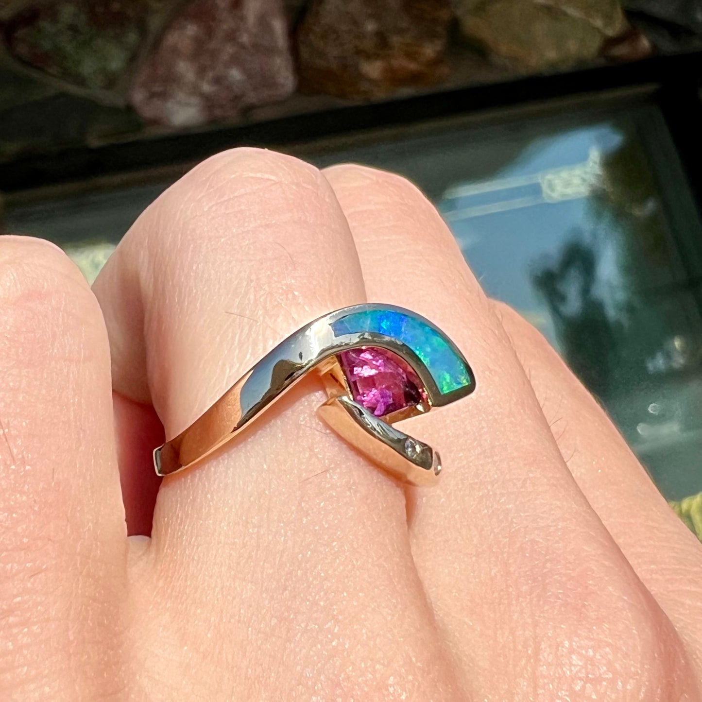 Libra | Retro Pink Tourmaline & Opal Inlay Ring in 14k Gold, c.1980's